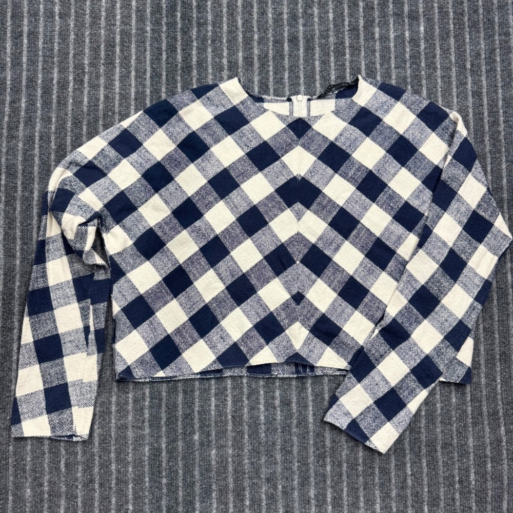 Zara Woman Womens Top Size M Navy Blue White Gingham Plaid Cropped Back Zip